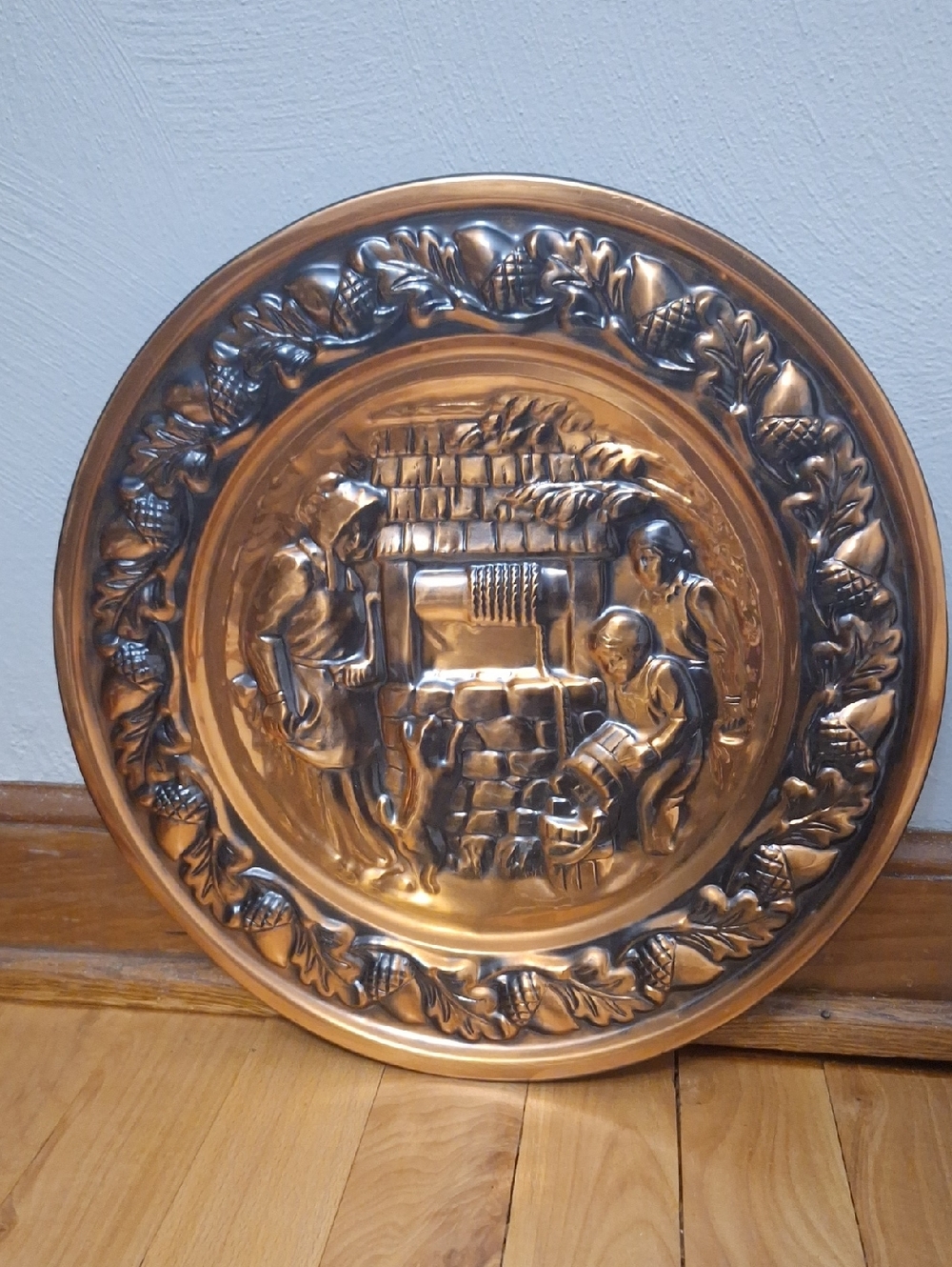 Decorative Copper-Tone Embossed Wall Plate - Harvest Scene
